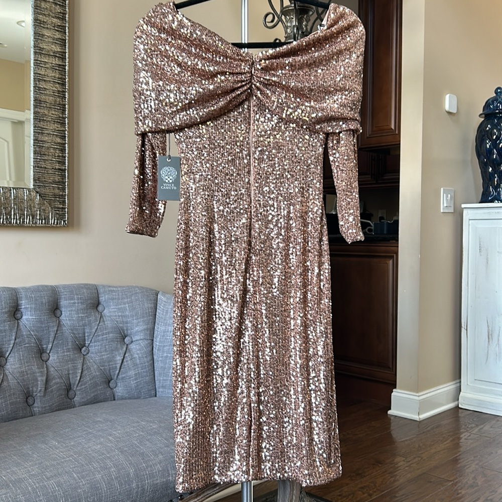 Vince Camuto Off-the-Shoulder Sequin Midi Dress | Cocktail | Wedding | Prom - Picture 4 of 5